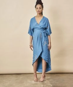 Symbology Cherry Blossom Modal Maxi Wrap Dress - Sapphire + Gold Best Sellers