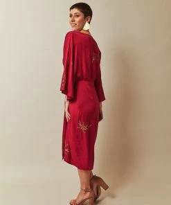 Symbology Cherry Blossom Modal Twisted Midi Dress - Raspberry + Gold