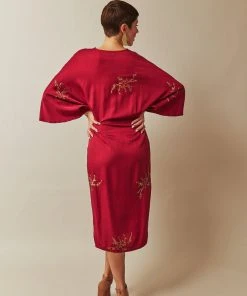 Symbology Cherry Blossom Modal Twisted Midi Dress - Raspberry + Gold