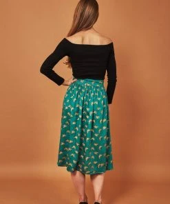 Symbology Best Sellers Gingko Leaf Midi Skirt - Green + Gold
