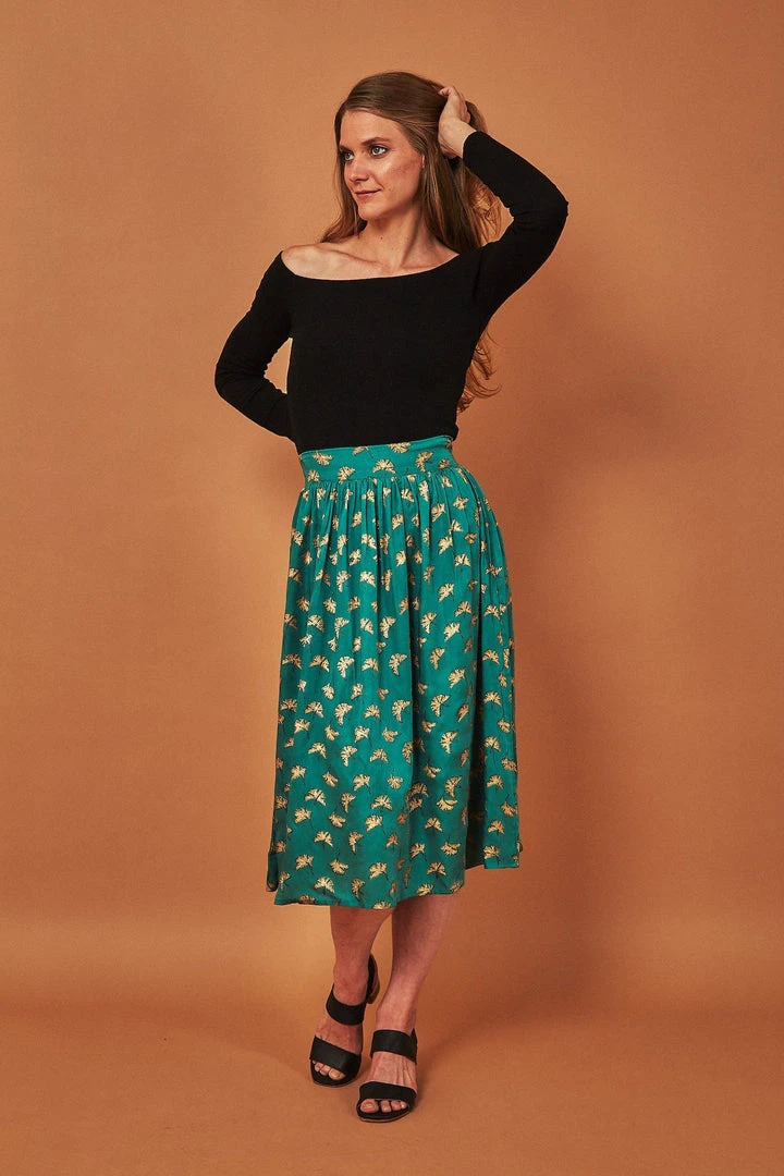 Symbology Best Sellers Gingko Leaf Midi Skirt - Green + Gold 1 Symbology Best Sellers Gingko Leaf Midi Skirt - Green + Gold