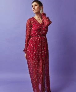 Symbology Sale Ginkgo Leaf Maxi Button Down Dress In Magenta + Gold