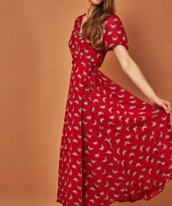 Symbology Ginkgo Leaf Midi Wrap Dress - Red + Silver