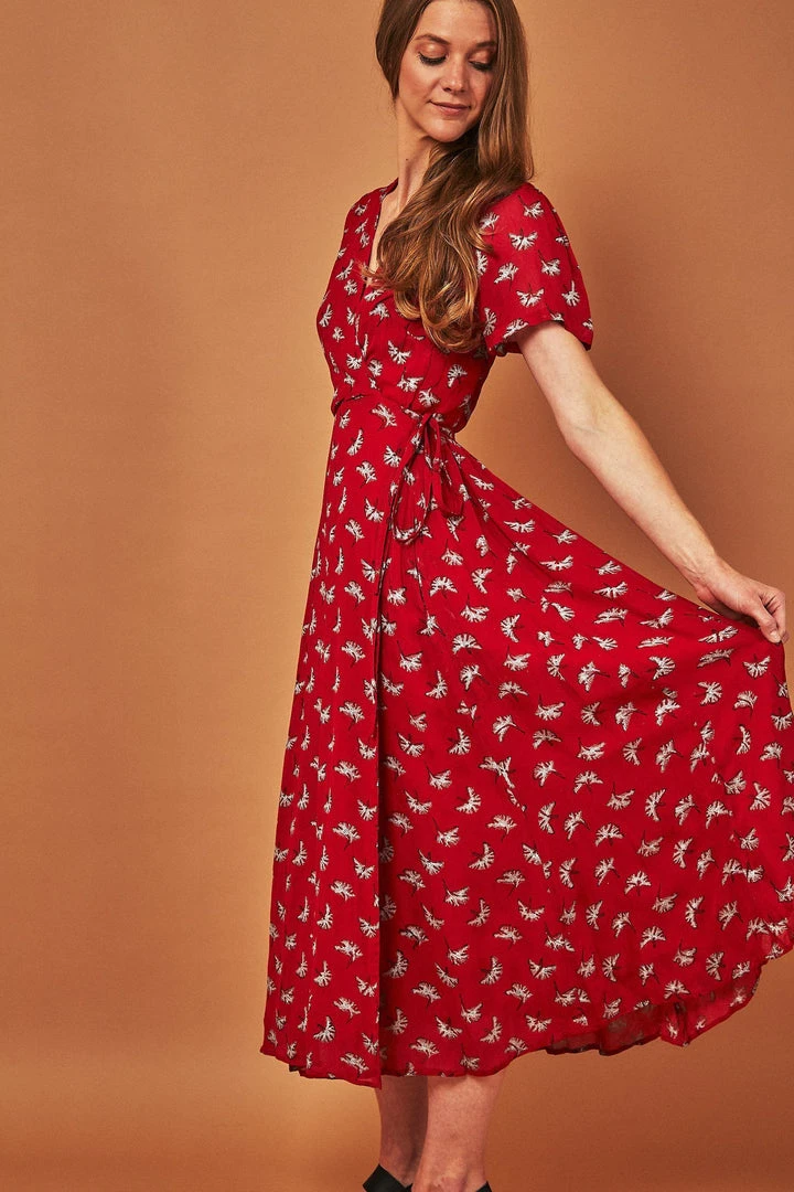 Symbology Ginkgo Leaf Midi Wrap Dress - Red + Silver 2 Symbology Ginkgo Leaf Midi Wrap Dress - Red + Silver