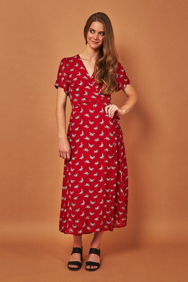 Symbology Ginkgo Leaf Midi Wrap Dress - Red + Silver 1 Symbology Ginkgo Leaf Midi Wrap Dress - Red + Silver