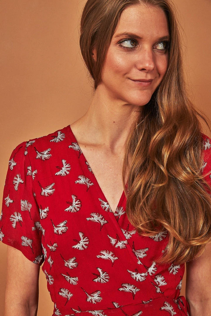 Symbology Ginkgo Leaf Midi Wrap Dress - Red + Silver 4 Symbology Ginkgo Leaf Midi Wrap Dress - Red + Silver