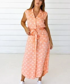 Symbology Ginkgo Leaf Modal Shirtdress - Peach + Cream