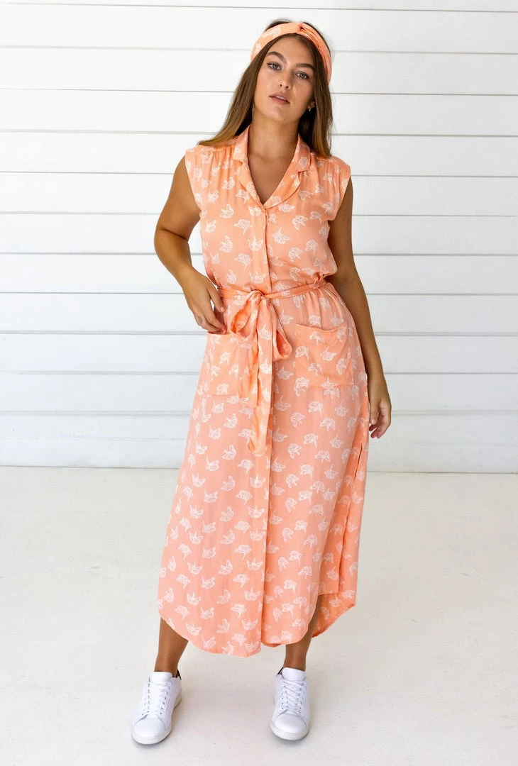 Symbology Ginkgo Leaf Modal Shirtdress - Peach + Cream 1 Symbology Ginkgo Leaf Modal Shirtdress - Peach + Cream