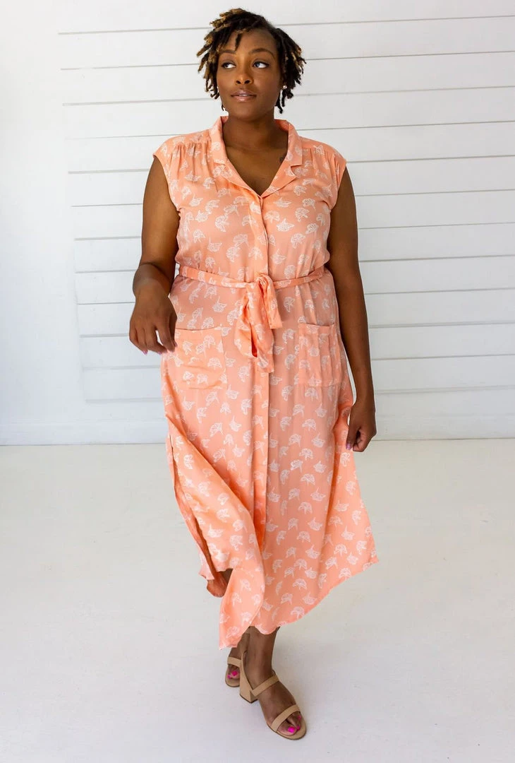 Symbology Ginkgo Leaf Modal Shirtdress - Peach + Cream 2 Symbology Ginkgo Leaf Modal Shirtdress - Peach + Cream