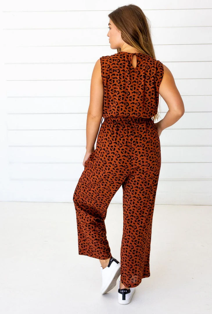 Symbology Clothing Leopard Sleeveless Jumpsuit - Sierra + Black 4 Symbology Clothing Leopard Sleeveless Jumpsuit - Sierra + Black