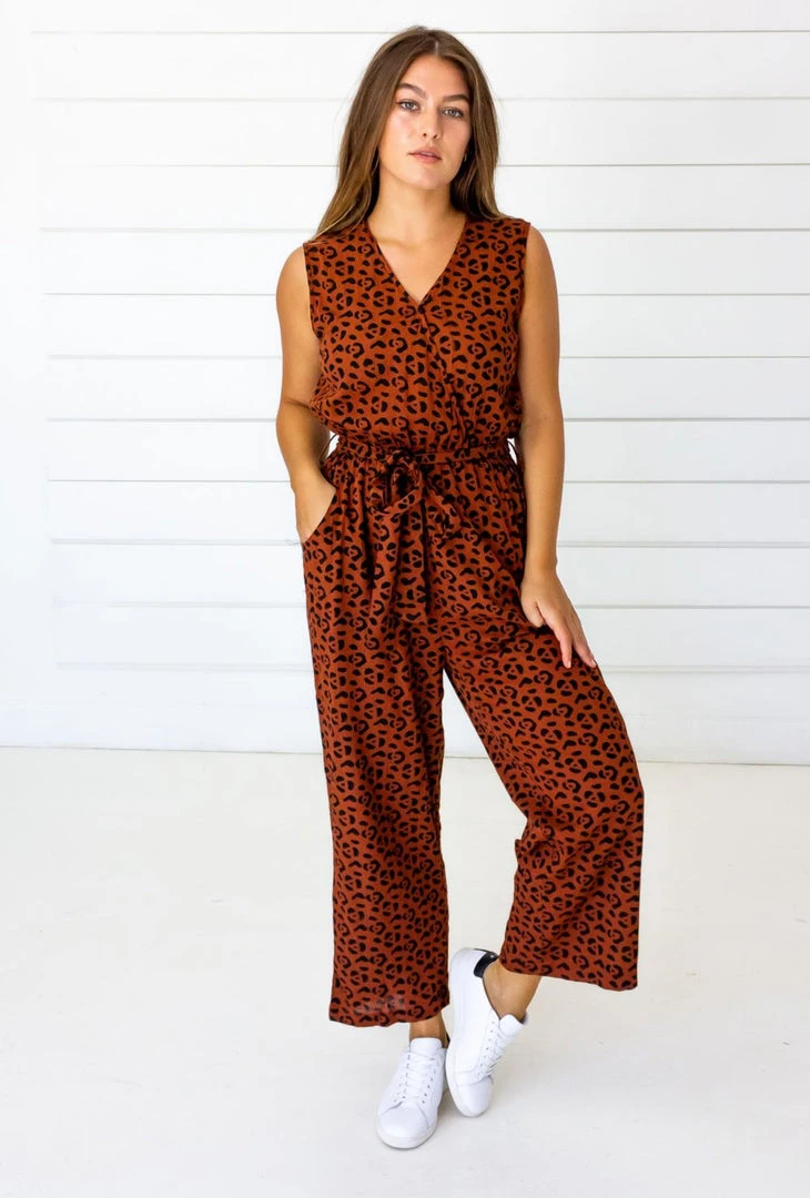 Symbology Clothing Leopard Sleeveless Jumpsuit - Sierra + Black 1 Symbology Clothing Leopard Sleeveless Jumpsuit - Sierra + Black
