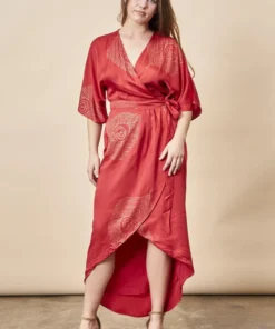 Symbology Best Sellers Peacock Feather Modal Wrap Dress - Lipstick Red + Gold
