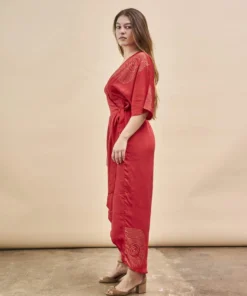 Symbology Best Sellers Peacock Feather Modal Wrap Dress - Lipstick Red + Gold