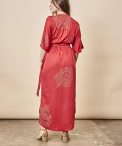 Symbology Best Sellers Peacock Feather Modal Wrap Dress - Lipstick Red + Gold