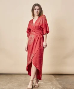 Symbology Best Sellers Peacock Feather Modal Wrap Dress - Lipstick Red + Gold