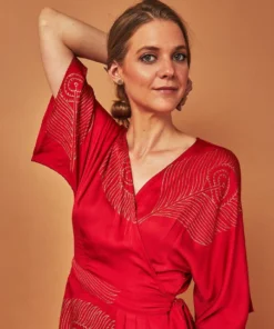 Symbology Best Sellers Peacock Feather Modal Wrap Dress - Lipstick Red + Gold