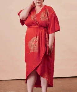 Symbology Best Sellers Peacock Feather Modal Wrap Dress - Lipstick Red + Gold
