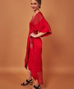 Symbology Best Sellers Peacock Feather Modal Wrap Dress - Lipstick Red + Gold