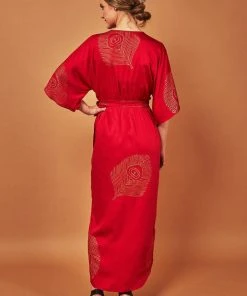 Symbology Best Sellers Peacock Feather Modal Wrap Dress - Lipstick Red + Gold