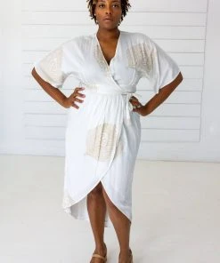 Symbology Peacock Modal Maxi Wrap Dress - White + Gold