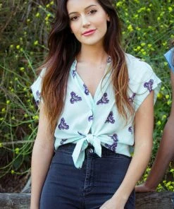 Symbology Printed Iris Blouse In Pale Mint + Blueberry