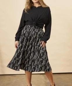 Symbology Sale Stylized Feather Modal Midi Skirt - Black + Cream
