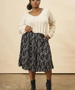 Symbology Sale Stylized Feather Modal Midi Skirt - Black + Cream