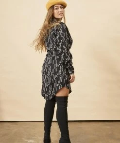 Symbology Best Sellers Stylized Feather Modal Shirtdress - Black + Cream