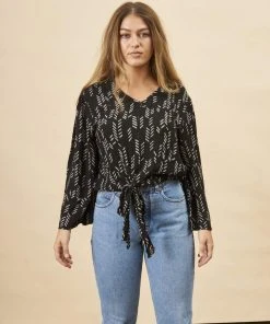 Symbology Stylized Feather Tie Knot Blouse - Black + Cream Clothing