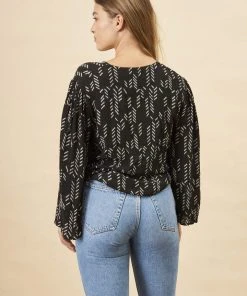 Symbology Stylized Feather Tie Knot Blouse - Black + Cream Clothing