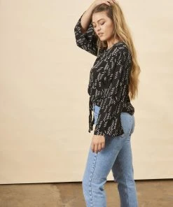 Symbology Stylized Feather Tie Knot Blouse - Black + Cream Clothing