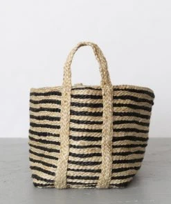 Will & Atlas Home Goods Large Jute Basket - Charcoal Stripe