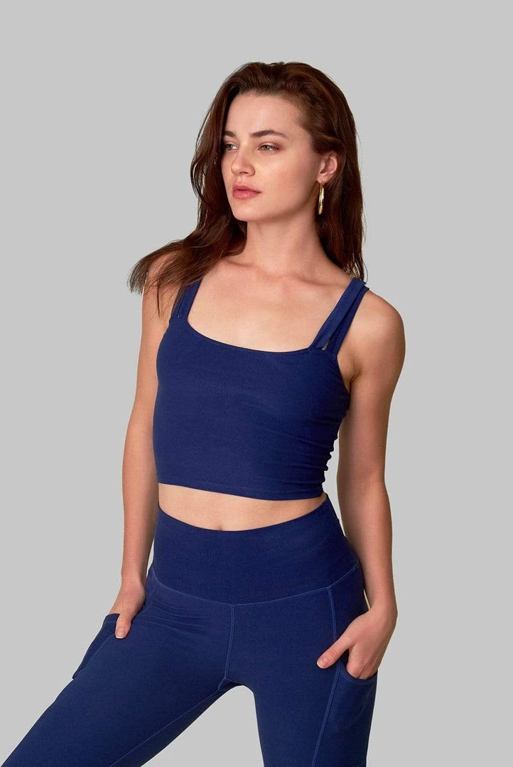 Wolven Activewear + Athleisure Double Cross Recycled Top - Indigo 1 Wolven Activewear + Athleisure Double Cross Recycled Top - Indigo